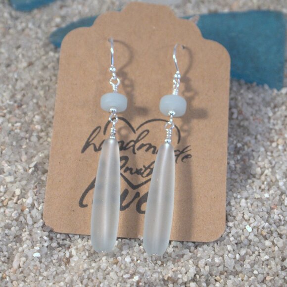 Long Sea Glass Drop Earrings Beach Statement Pierced or Clip-on Earrings - Picture 8 of 11